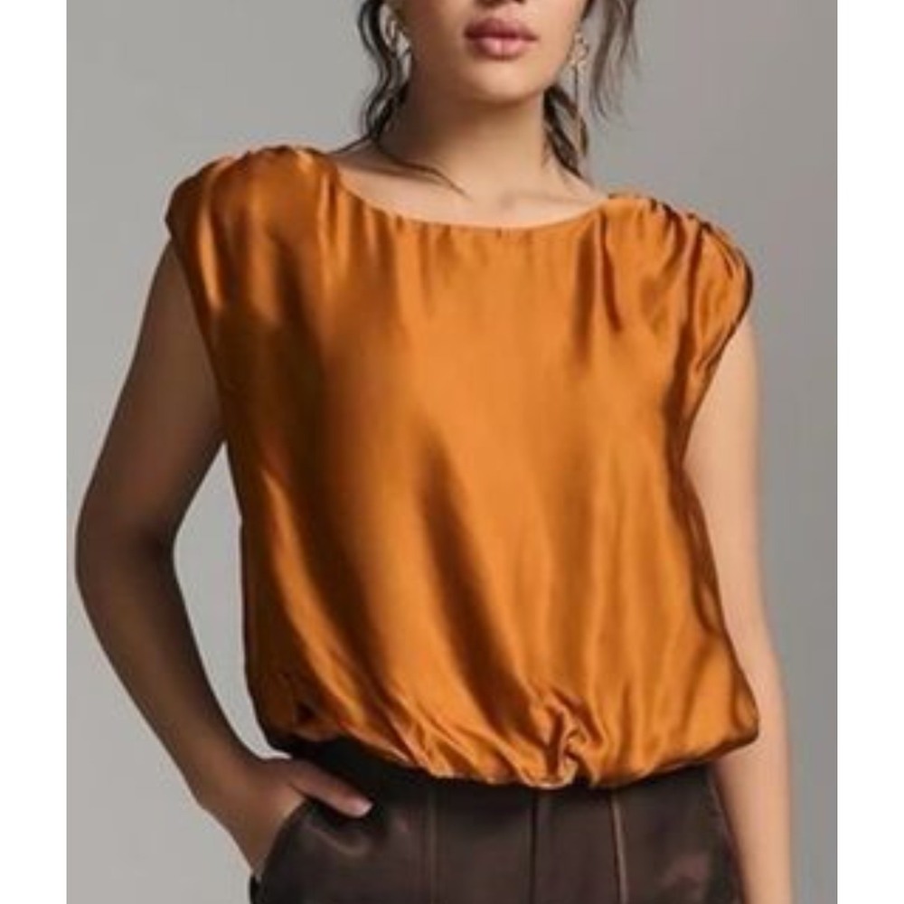 Anthropologie Silky Boatneck Gathered Shoulder Seam Blouson Top in Honey Large